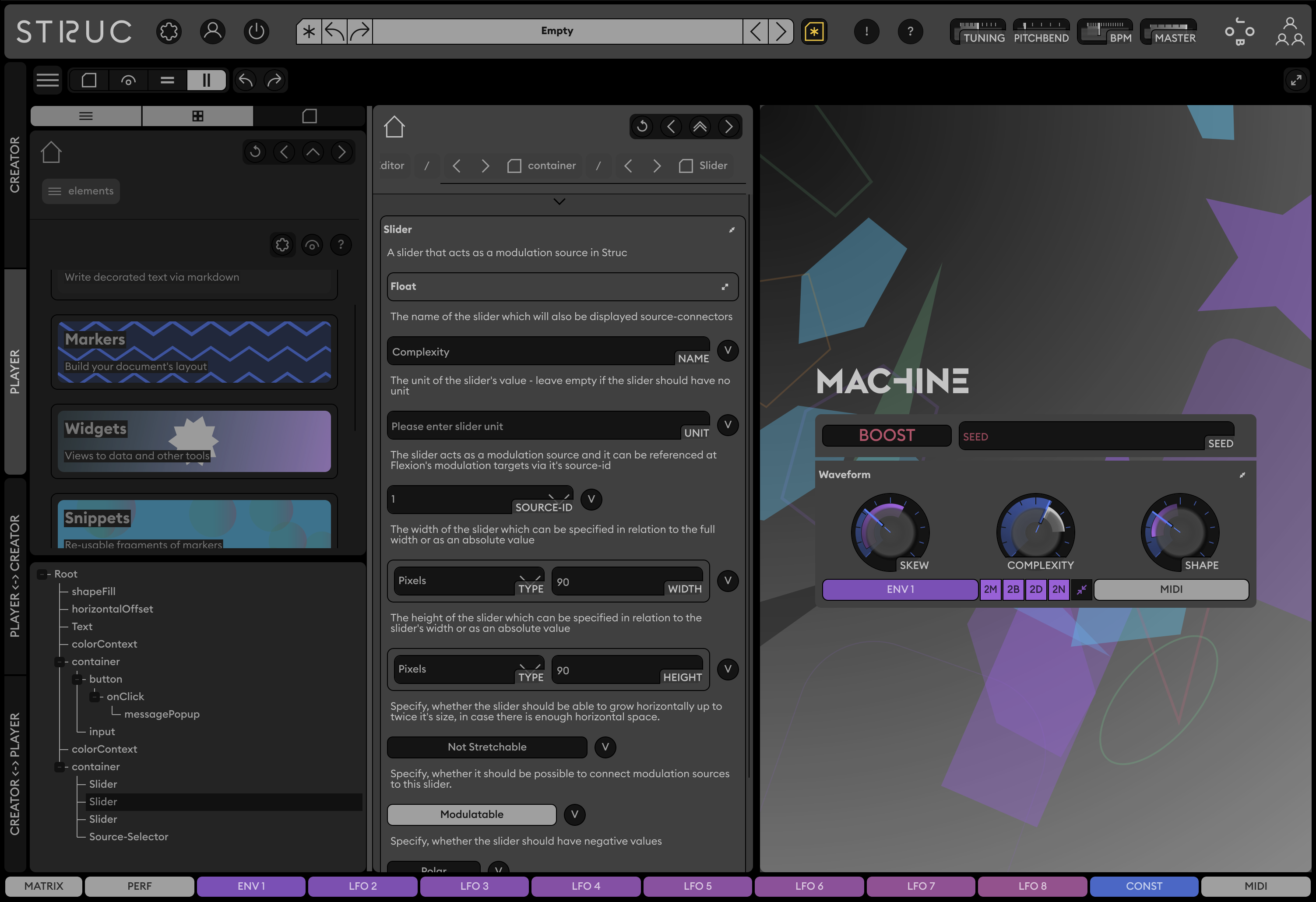 Struc canvas editor showing the graphical page editor with widgets
