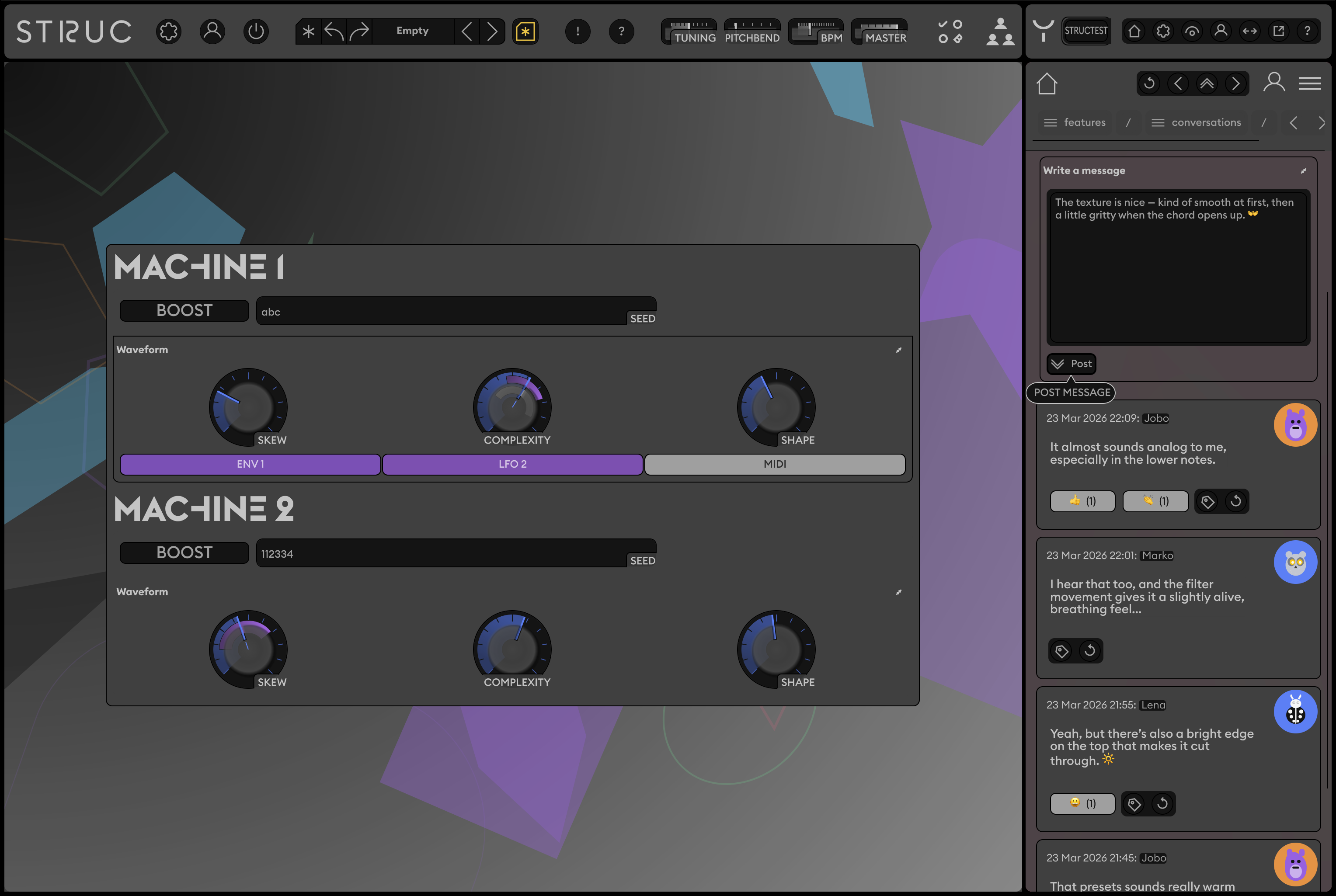 Struc community browser showing preset library and conversations