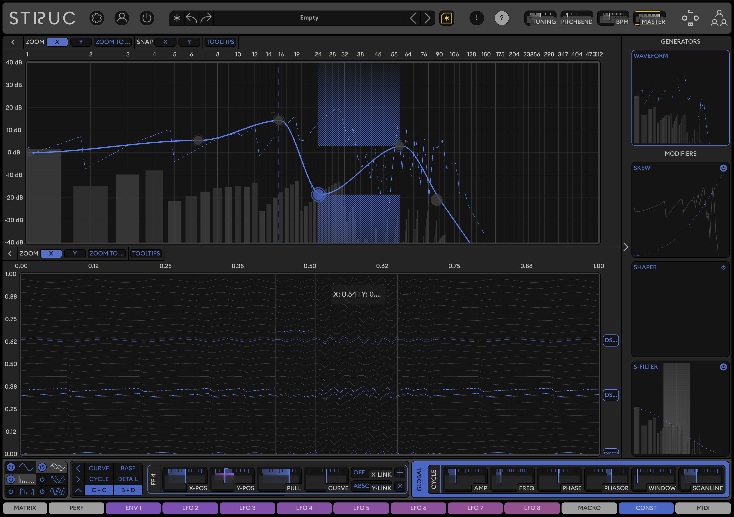 Struc synthesizer interface showing oscillator and modulation controls